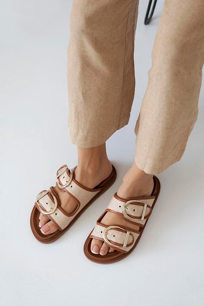 STRASWANS Papuci casual din piele pentru femei Muna - Detaliu din răchită, maro-bej