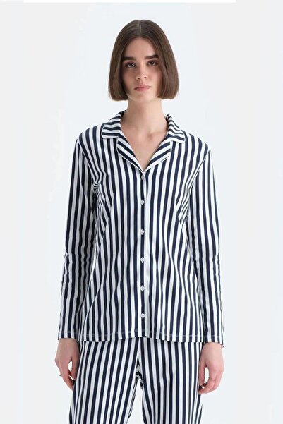 Eros 33600 Модель Бавовняна смугаста сорочка з коміром Жіночий піжамний комплект - СИНІЙ