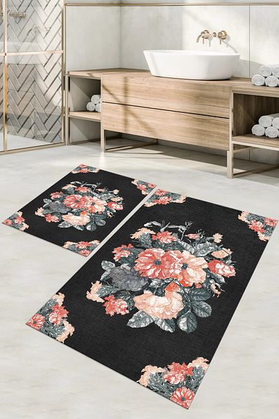 Napoli Home Set de scaun de toaletă pentru baie, lavabil, lavabil, imprimat digital, cu detalii florale, KLOZET-99-GRI,