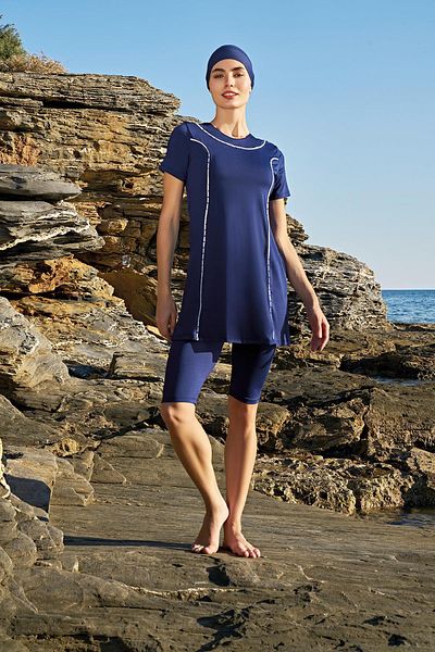 Ruko Maio 23128 Navy Blue Color Women's Piping Short Sleeve Semi Hijab Swimsuit