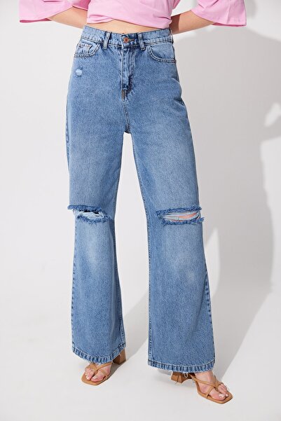 SHERIN Blugi albastri cu talie înaltă genunchi rupti cu picioare largi