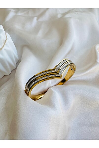 bioaksesuar Kadın Gold Renk 316L Çelik Zirkon Taşlı Kelepçe Bilezik