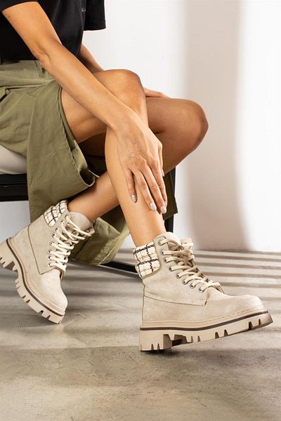 ShoeTek Sophie Γυναικείες Μπότες & Μποτάκια Καρό Πλεκτά Μποτάκια Μπεζ σουέντ