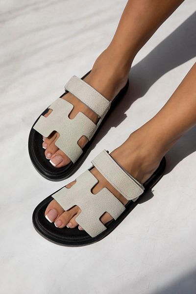 STRASWANS Papuci de damă din piele intoarsa gri Palmeira - cu banda Velcro