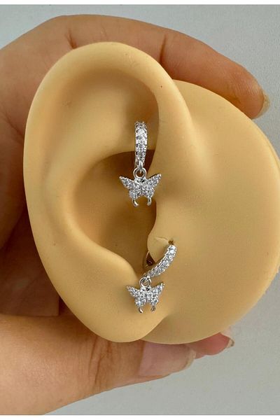 Arescollection 1 Piece Butterfly Dangle Tragus Rook Compatible Minimal Ring Piercing Earring