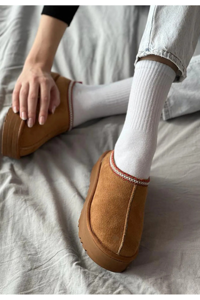 Lesia Tan Ultra Mini Suede Ankle Boots - Furry Inside and Thick Sole Home Slippers