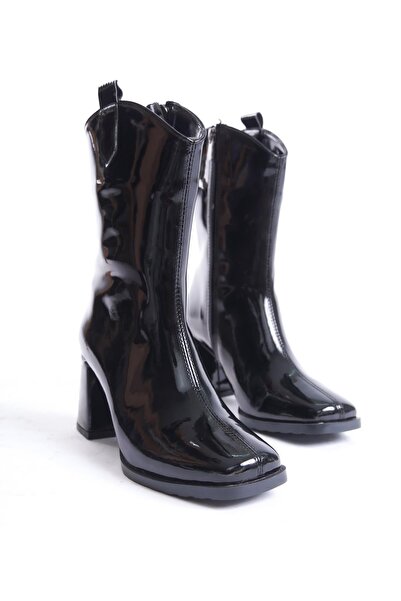 Bak Store Women's Boots - Black Patent Leather, Cowboy Style, Blunt Toe and Thick Heeled Half Boots