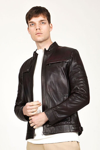 Dericlub Arthur Erkek Dik Yaka Slim Fit Gerçek Deri Mont Kestane