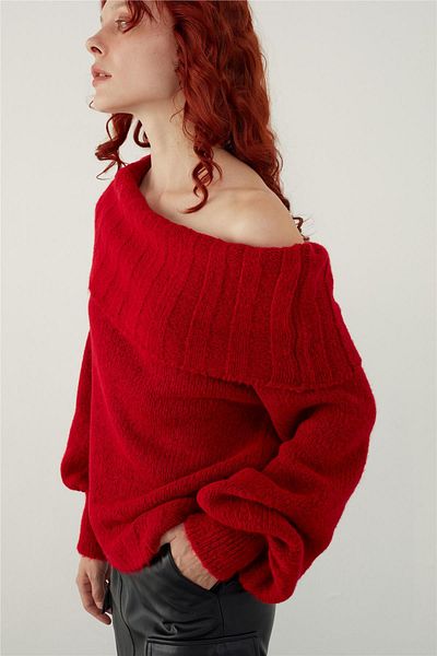 SHERIN Red Madonna Collar Balloon Sleeve Knitwear Sweater