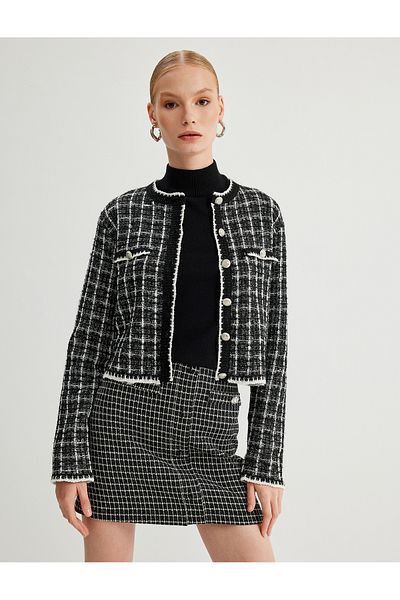 Koton Round Neck Button Pocket Long Sleeve Tweed Cardigan