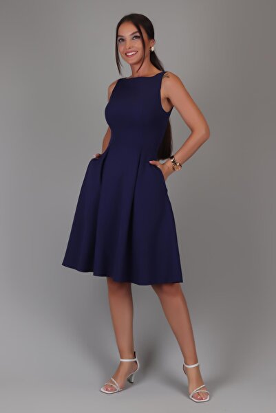 SWEETNESS Navy Blue Midi Women's Dress - Pleated and Pocket Detailed
