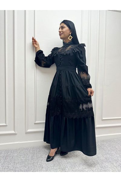 WellWay Jenneyfer Black Crepe Fabric - Danter and Guipure Λεπτομέρεια, Περιλαμβάνεται Ζώνη - NHN02