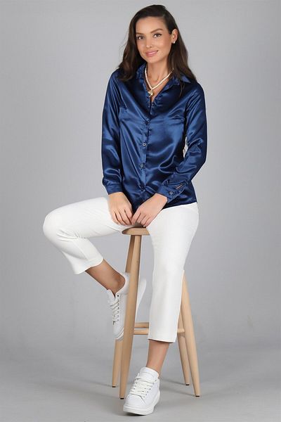 SWEETNESS Cămașă de seară cu mânecă lungă din satin bleumarin pentru femei