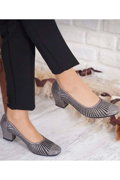 KCMN Pantofi clasici cu toc de damă Feles Laser Cut cu detaliu de piatră - PLATINUM