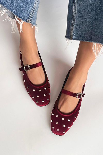STRASWANS Azure Women's Drop Detail Velvet Ballerina Claret Red