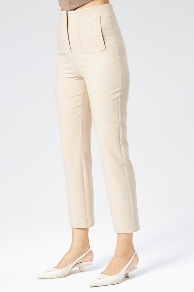 Appleline Pantaloni de damă din stofă cu talie înaltă și buzunare - picior subțire, lungime gleznă, BEIGE