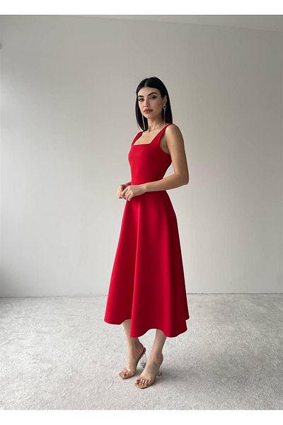 conconmoda Rochie midi Colliope cu guler pătrat -00037 - Roșu
