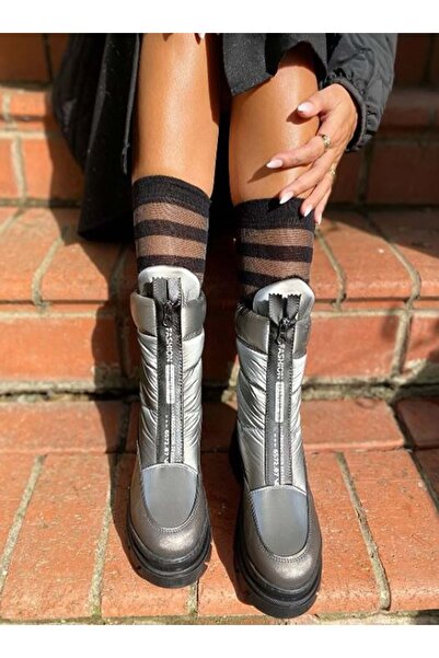 Kids Club Shoes Feles Fermuar Detaylı Paraşüt Kadın Kar Botu Kauçuk Tabanlı Kadın Bot GRİ