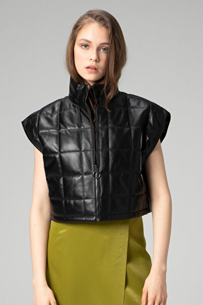 Dericlub Wm054 Gerçek Deri Kadın Şişme Yelek Siyah