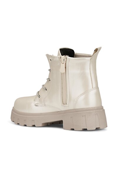 Allyup Cizme din piele lacuita bej - florale, strasuri, sireturi, cu fermoar, talpa groasa, cizme zilnice pentru copii 600