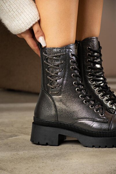 ShoeTek Gwen Kadın Bot Taşlı Bağcıklı Fermuarlı Postal Platin Deri