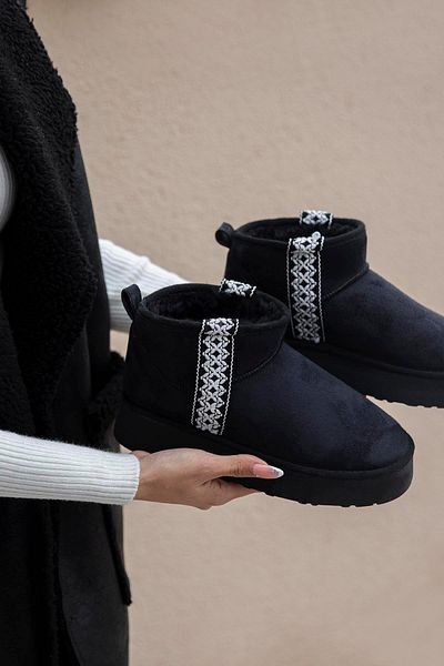 STRASWANS Rosso Women's Furry Thick Sole Suede Ankle Boots Black