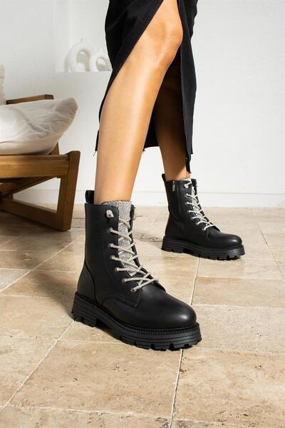 ShoeTek Ahuela Kadın Bot&Bootie Taş Bağcıklı Postal Siyah Deri