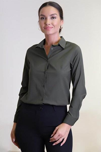 SWEETNESS Women's Khaki Green Lycra Long Sleeve Cotton Classic Shirt