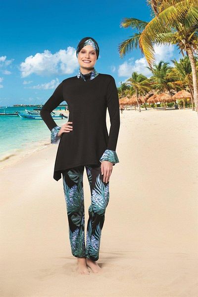 Ruko Maio 22132 Colorful Women's Patterned Lycra Hijab Swimsuit