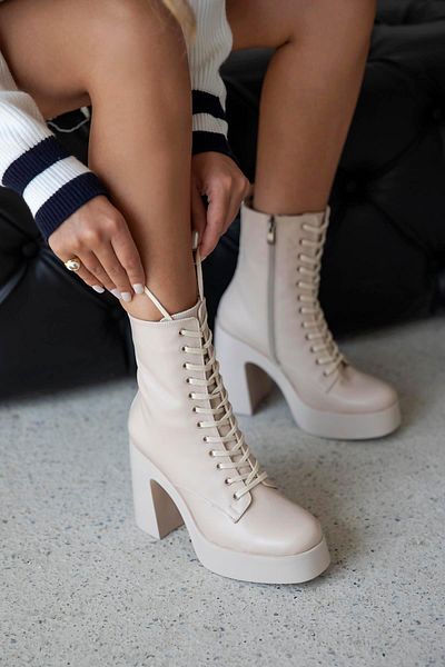 STRASWANS Myra Women's Platform Heel Leather Boots Beige