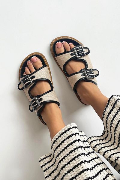 STRASWANS Papuci casual de damă din piele Black Moss - Detaliat cu paie