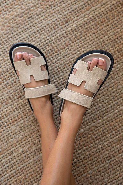 STRASWANS Papuci de piele intoarsa pentru dama Palmeira bej - cu banda Velcro