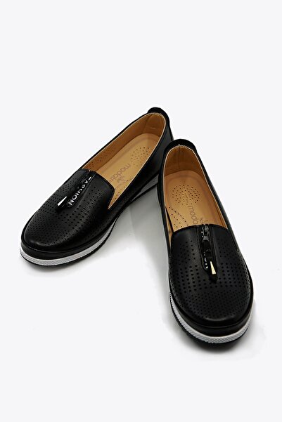 Ccway Balerini cu fermoar pentru femei PIELE NEGRĂ