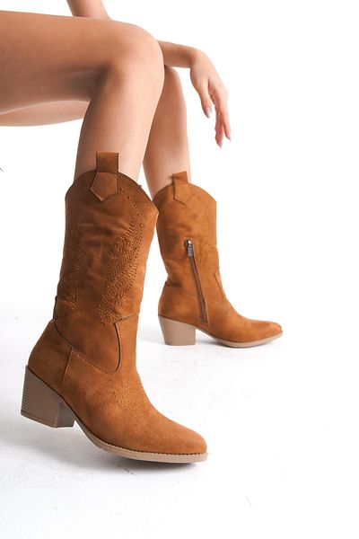 Bak Store Tan Suede Embroidered - Γυναικείες Μπότες Cowboy με φερμουάρ
