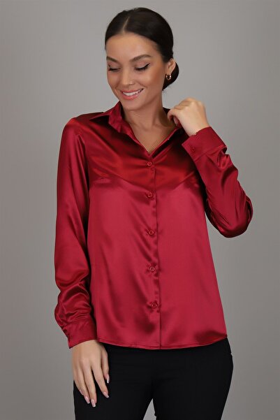 SWEETNESS Women's Burgundy Satin Long Sleeve Evening Dress Shirt