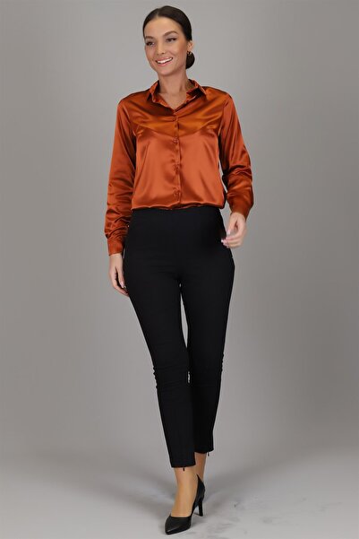 SWEETNESS Women's Copper Lycra Satin Long Sleeve Evening Dress Shirt