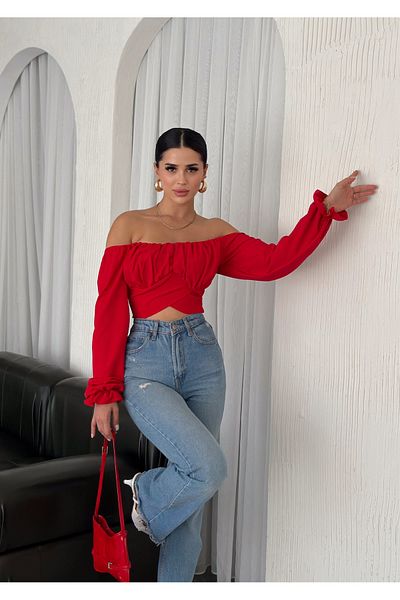 aytenli Balloon Sleeve and Gathered Square Collar - Elastic Frilly Diving Blouse
