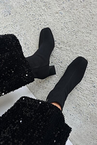 STRASWANS Trew Kadın Kumaş Streç Bilekli Orta Boy Topuklu Bot Siyah