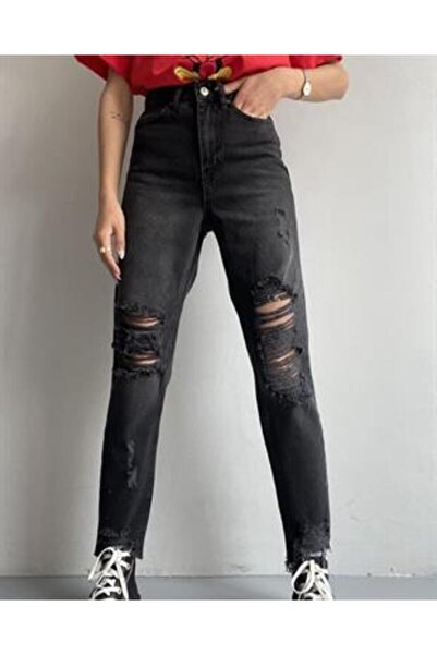 STOCKPORT EXPORT Γυναικείο πόδι με φούντες σειρά σκισμένο Mom Jeans Σκούρο Γκρι