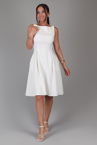 SWEETNESS White Midi Dress - Pleated and Pocket Detail