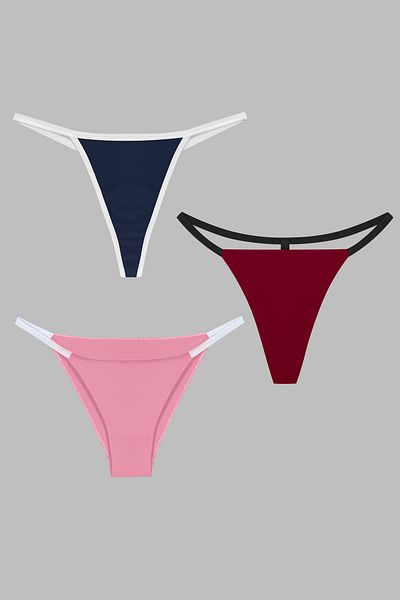 Yohannes Club Women's 3-Piece String Set - Brazilian T-Thong and Thong, Powder, Burgundy, Navy