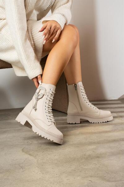 ShoeTek Annetta Kadın Bot Yandan Halka Taşlı Postal Bej Deri