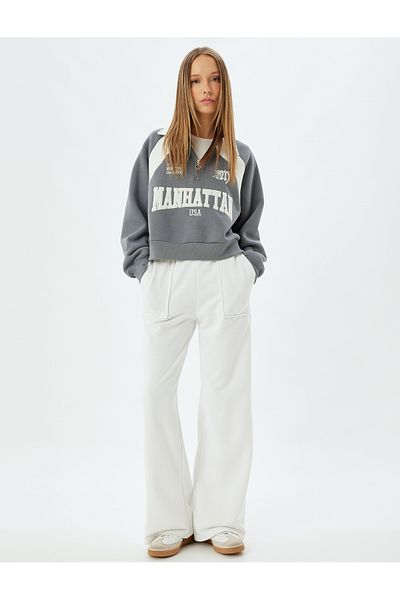 Koton College Embroidered Stand Collar and Half Zipper Raised Sweatshirt