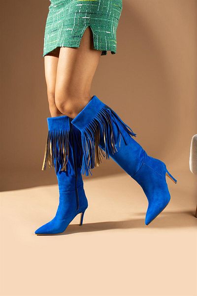 ShoeTek Moses Γυναικείες Μπότες με λεπτό τακούνι με κρόσσια Saks Blue Suede