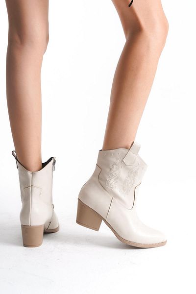 Bak Store Γυναικείες μπότες Western Cowboy Beige κεντημένες - με φερμουάρ