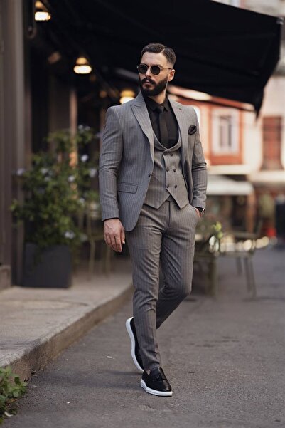 Salihtarzz ITALIAN CUT STRIPED VEST MEN'S GRAY SUIT DRESS - SLIM FIT SD4849
