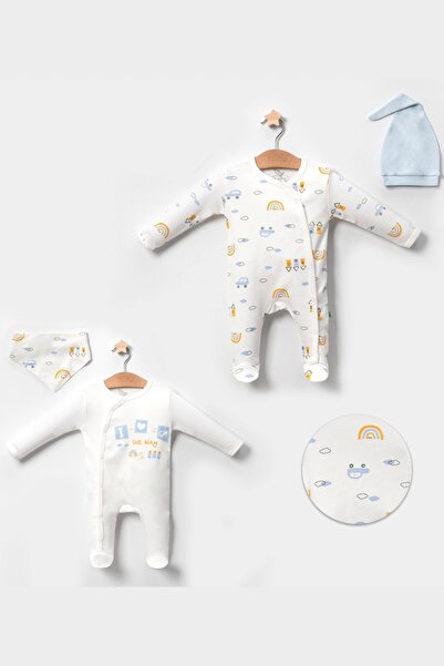 Babydonat Araba Desenli Mavi 4'lü Erkek Bebek Tulumu
