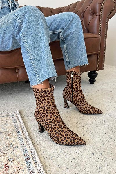 STRASWANS Poppin Women's Pino Heel Fabric Boots Leopard