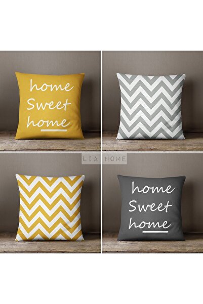 Lia Store Home Sweet Home Yazılı Ve Zigzag Desenli Çift Taraflı Dekoratif 4'l...