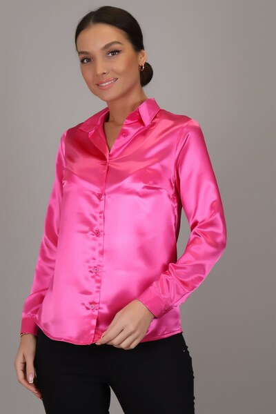 SWEETNESS Women's Fuchsia Satin Long Sleeve Evening Dress Shirt